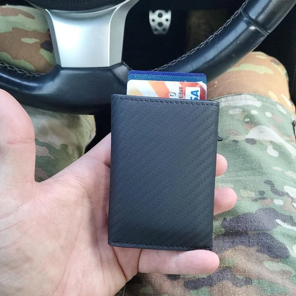 Mens Wallet Card Holder: Pop Up Aluminum Case, Genuine Leather, Smart, RFID